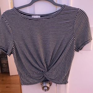 Navy blue and white striped cropped tee